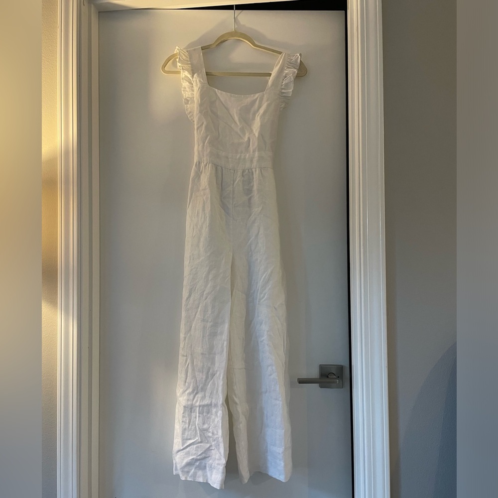 Posse White Linen Wide-Leg Jumpsuit with Ruffle Straps